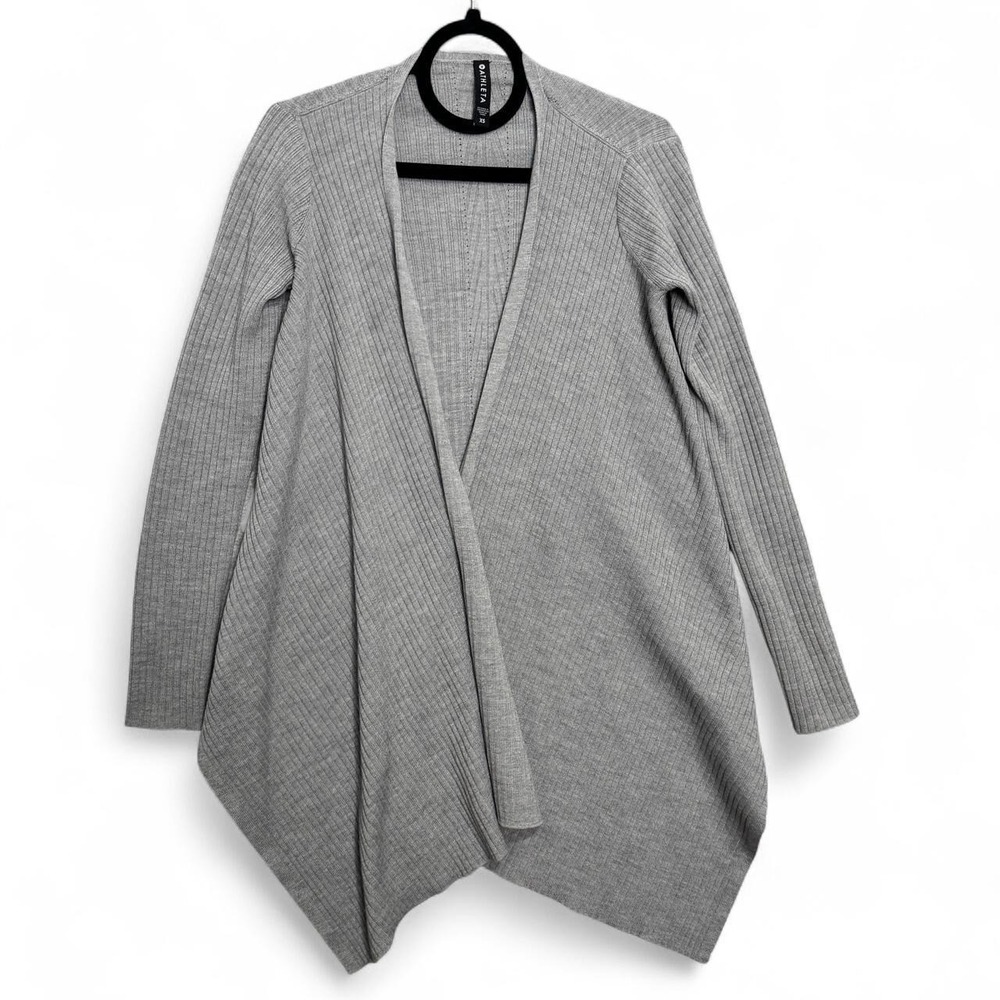 Athleta Solstice Wrap Cardigan XS Gray Merino Mix Ribbed Open Front Travel Yoga